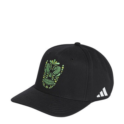 Black cap with green sugar skull front graphic and white adidas logo