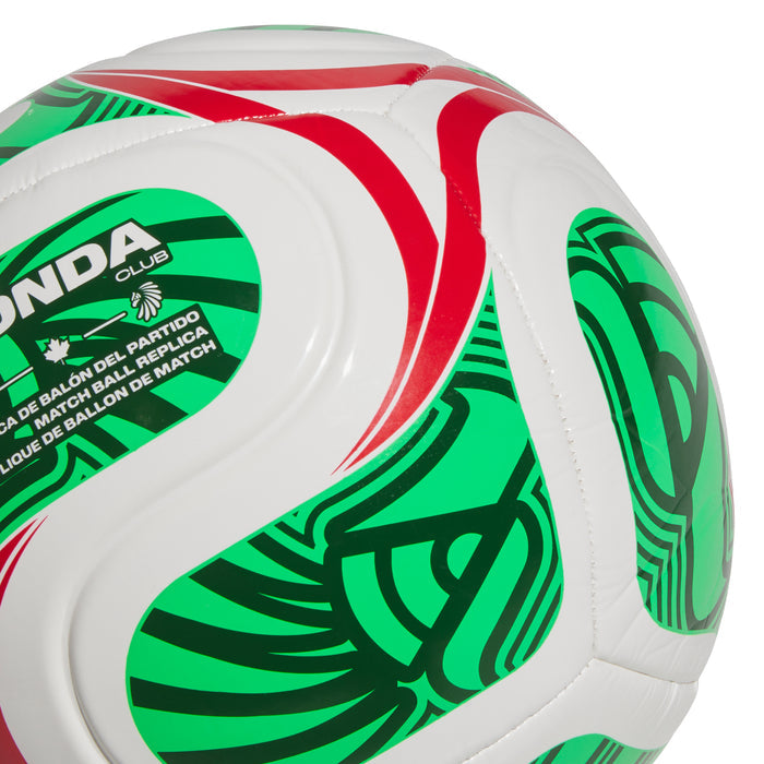 White soccer ball close-up with green-and-red graphic panel and FIFA badge