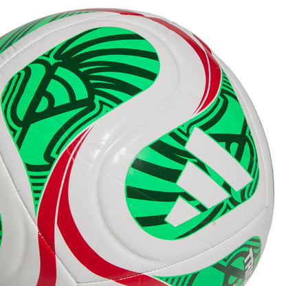 White soccer ball close-up with green zebra pattern and red swoosh trim