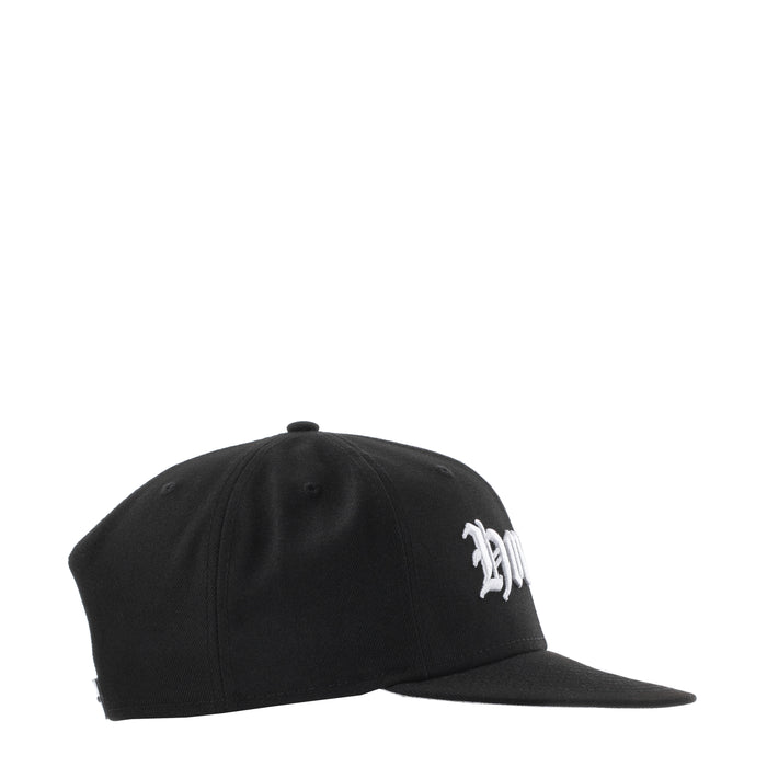 Black snapback cap with white side logo embroidery
