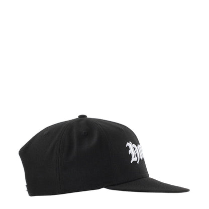 Black snapback cap with white side logo embroidery