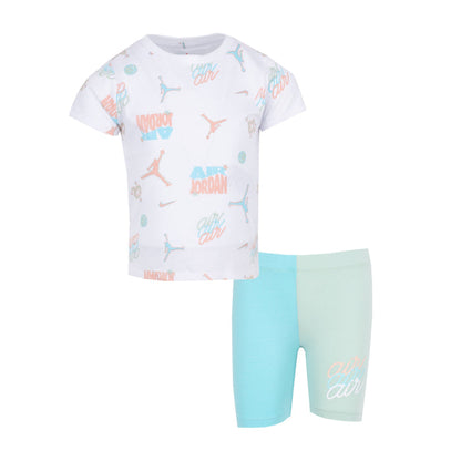 Toddler bike short set: white graphic T-shirt with mint-blue bike shorts