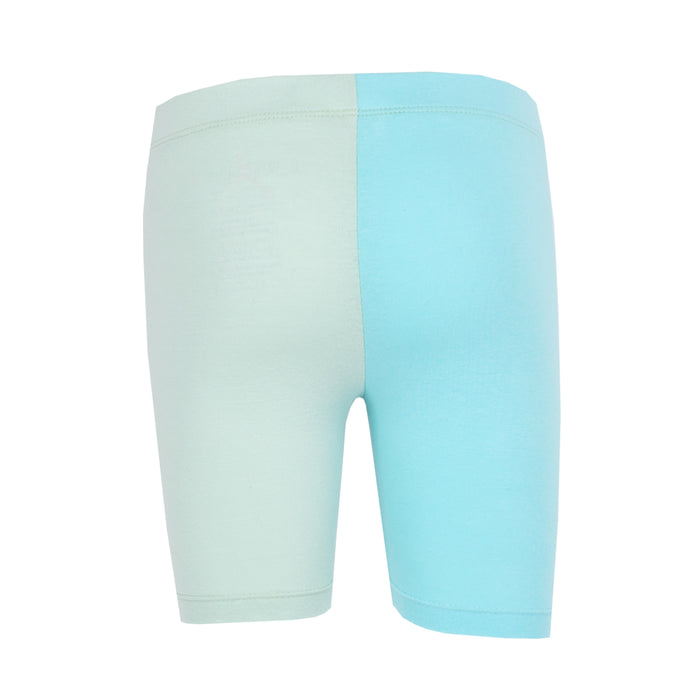 Toddler mint-blue bike shorts, back view