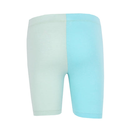 Toddler mint-blue bike shorts, back view
