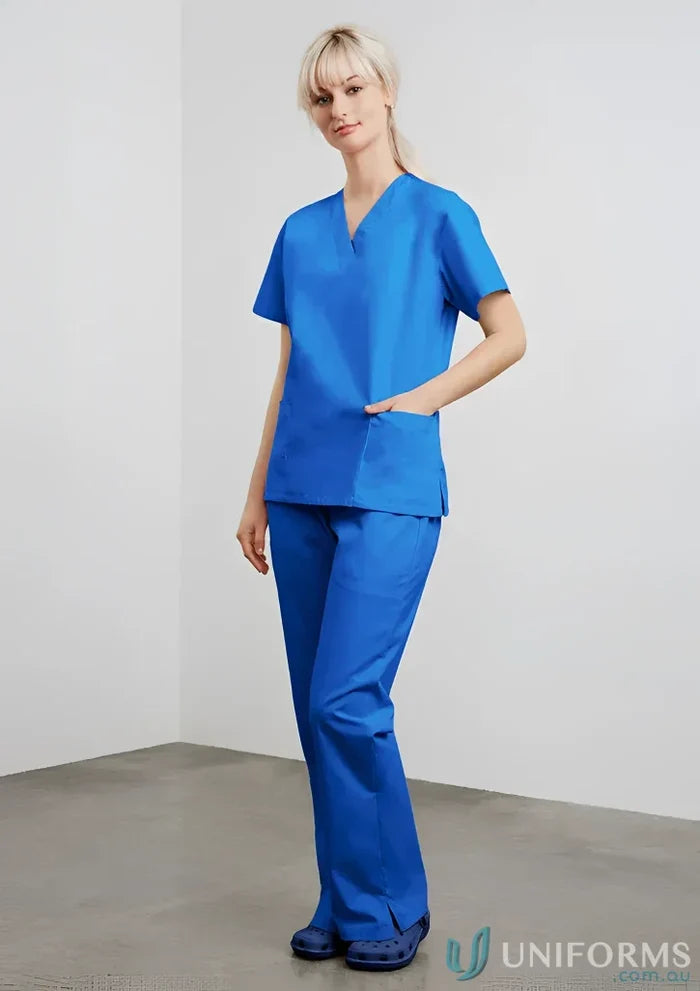 Blue womens classic scrub top made from natural stretch fabric for all-day comfort