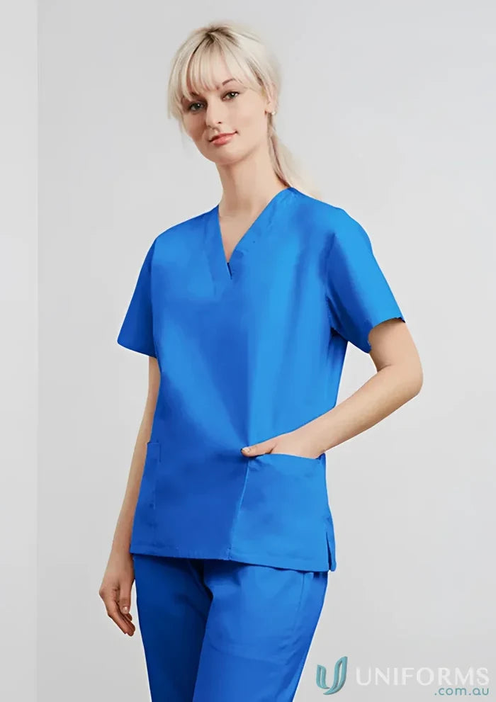 Blue womens classic scrub top made with natural stretch fabric for all-day comfort