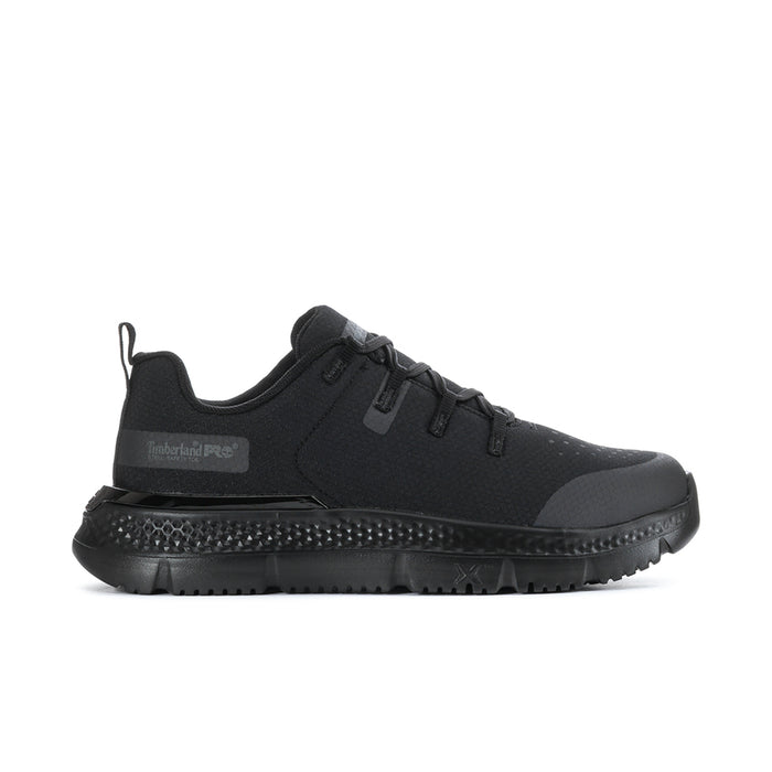 Black men's steel toe work shoe with lace-up and Timberland PRO logo