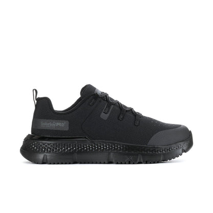 Black men's steel toe work shoe with lace-up and Timberland PRO logo