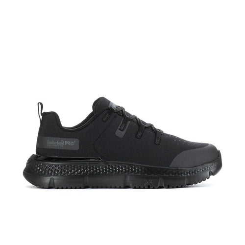 Black men's steel toe work shoe with lace-up and Timberland PRO logo