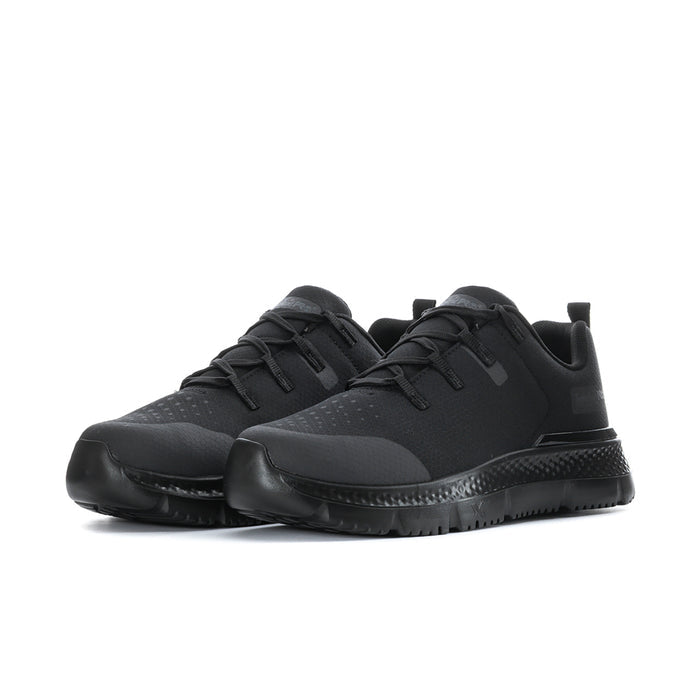 Pair of black men's steel toe work shoes, lace-up with textured rubber sole
