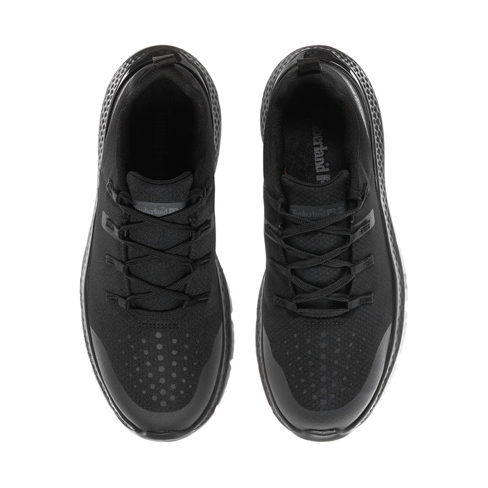Black men's steel toe work shoes front view with lace-up and cushioned collar