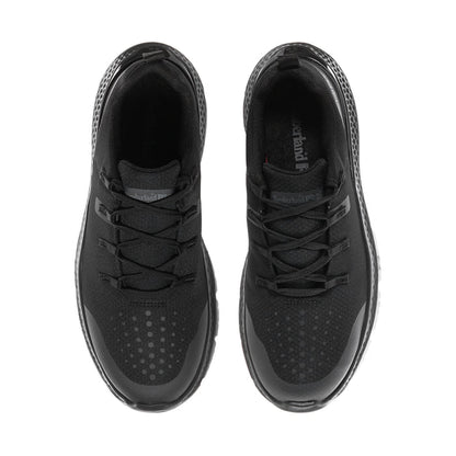 Black men's steel toe work shoes front view with lace-up and cushioned collar