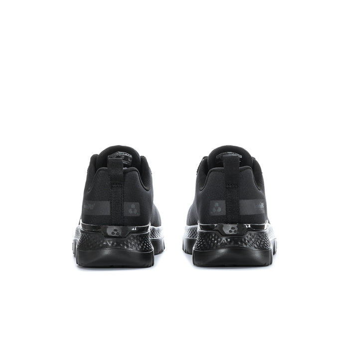 Black men's steel toe work shoes rear view with heel pull tabs