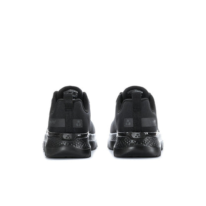 Black men's steel toe work shoes rear view with heel pull tabs