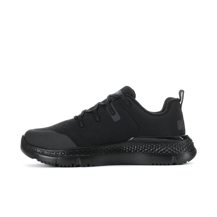 Black men's steel toe work shoe side profile with rugged tread outsole