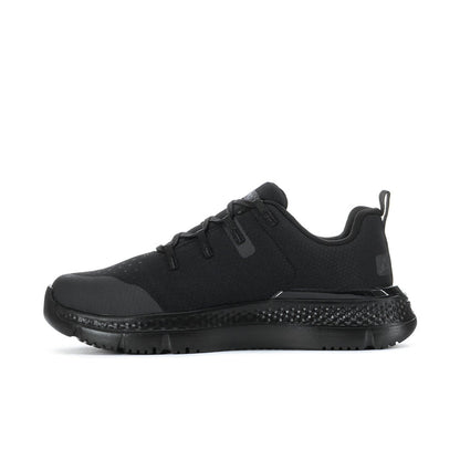 Black men's steel toe work shoe side profile with rugged tread outsole