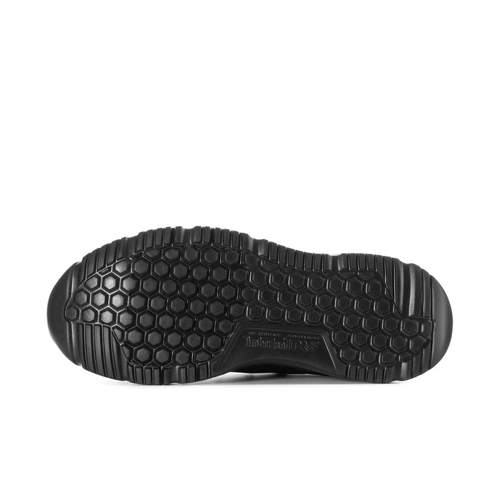 Black steel toe work shoe outsole with hexagon tread pattern