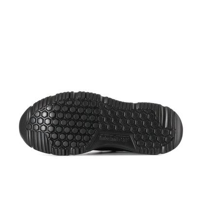 Black steel toe work shoe outsole with hexagon tread pattern