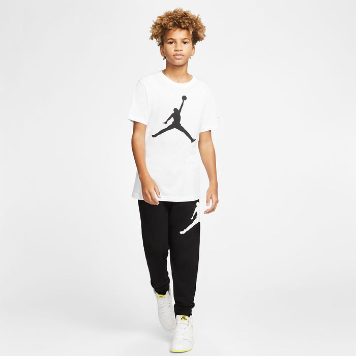 Youth Jumpman graphic T-shirt in white, worn look with crew neck and short sleeves
