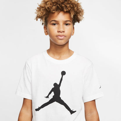 Youth Jumpman graphic T-shirt close-up, white crew neck, short sleeves