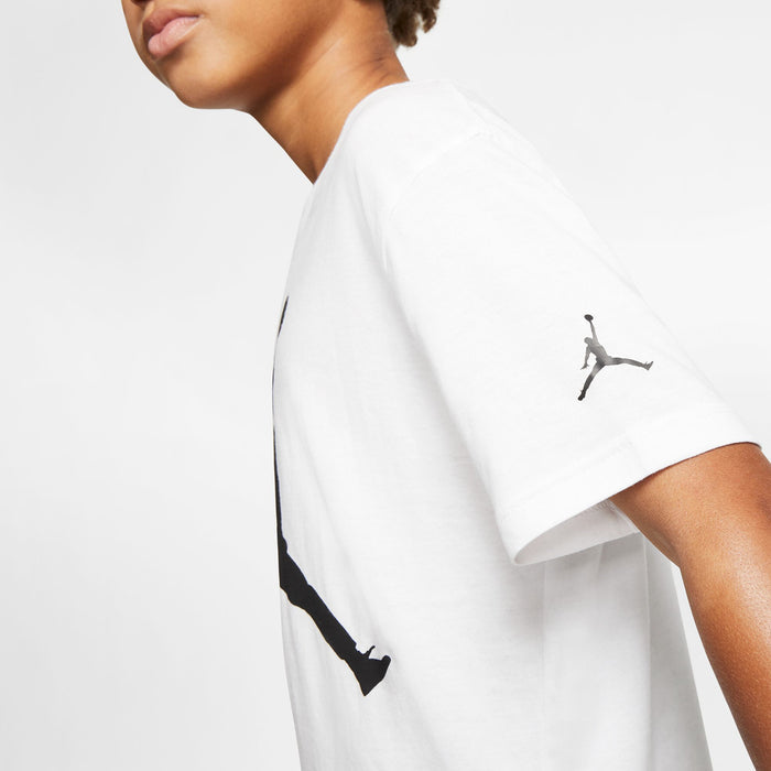 White Youth Jumpman graphic T-shirt, short sleeves, side graphic detail