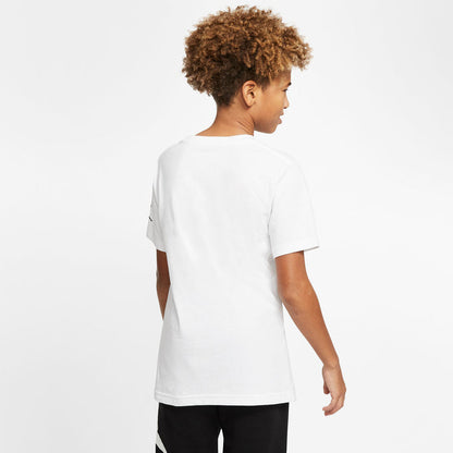 Youth Jumpman graphic T-shirt in white, back view with small logo near hem