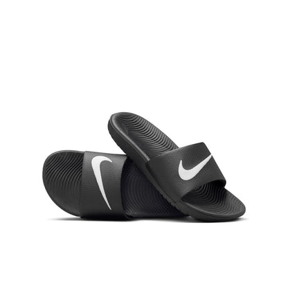 Youth black slide sandals with white swoosh logo and textured straps