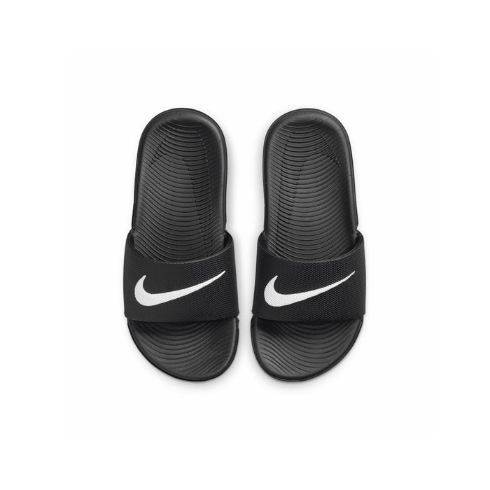 Youth black slide sandals, white swoosh on two straps, cushioned textured footbed