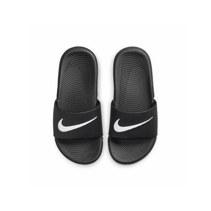 Youth black slide sandals, white swoosh on two straps, cushioned textured footbed