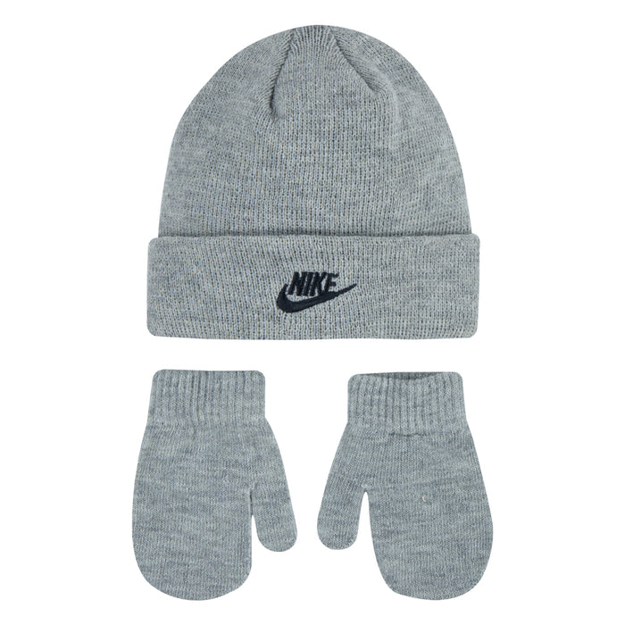 Kids beanie and glove set in dark grey heather knit, Nike logo patch
