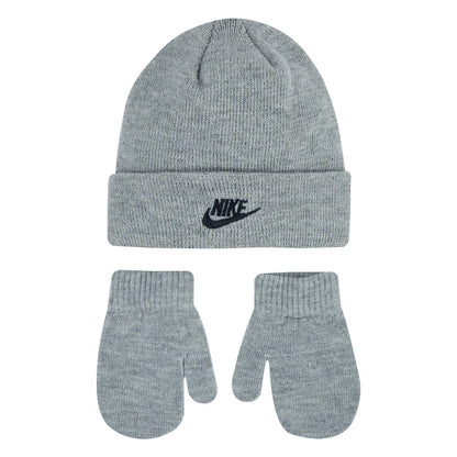 Kids beanie and glove set in dark grey heather knit, Nike logo patch