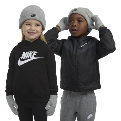 Kids beanie and glove set worn by children, dark grey heather knit with Nike logos