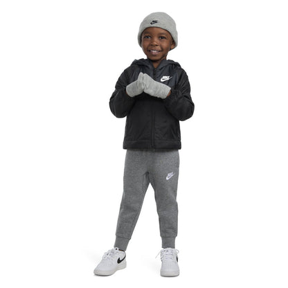 Kids beanie and glove set worn by child, dark grey heather knit with Nike logos