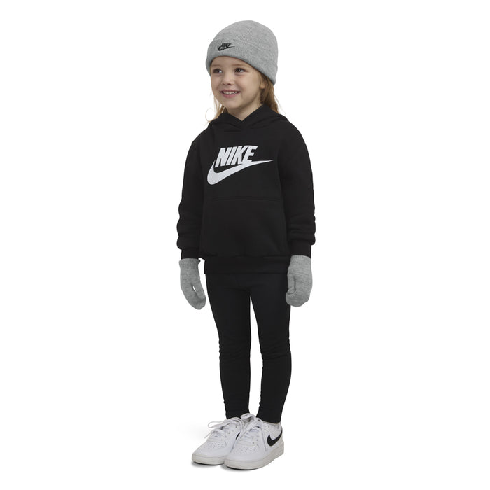 Kids beanie and glove set worn by child, dark grey heather knit with Nike logo