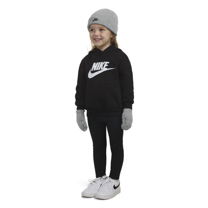 Kids beanie and glove set worn by child, dark grey heather knit with Nike logo