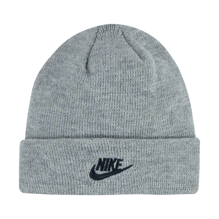 Dark grey heather knit beanie with stitched Nike logo on cuff