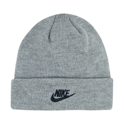 Dark grey heather knit beanie with stitched Nike logo on cuff