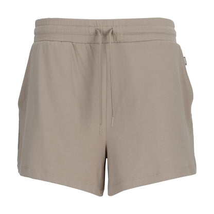 Women's knit shorts in light mocha with elastic waistband and drawstring, front view