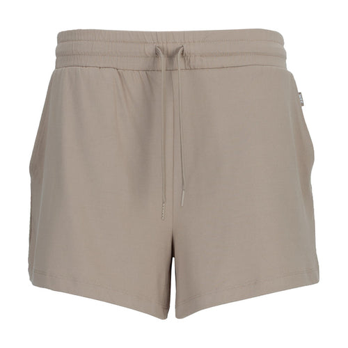 Women's knit shorts in light mocha with elastic waistband and drawstring, front view