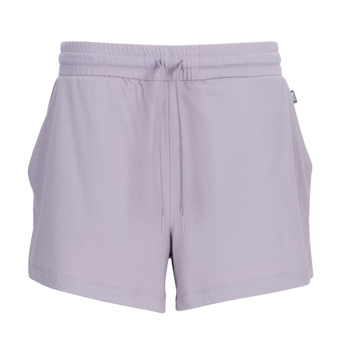 Women's knit short, light violet, elastic waistband with drawstring, front