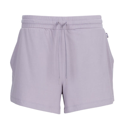 Women's knit short, light violet, elastic waistband with drawstring, front