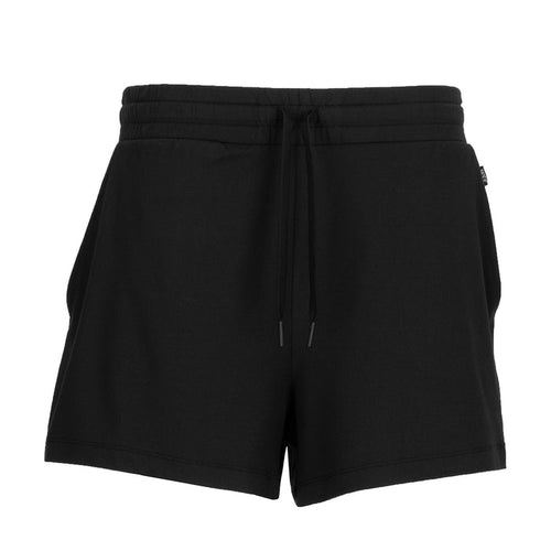 Women's black knit shorts with elastic waistband, drawstring, side pockets