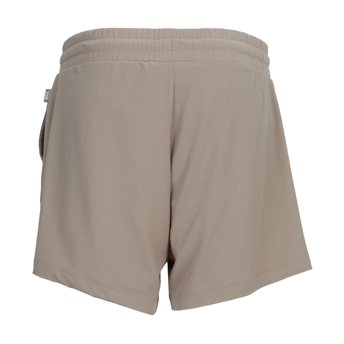 Women's knit shorts in light mocha with elastic waistband, relaxed fit, back view