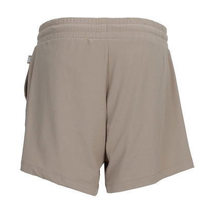 Women's knit shorts in light mocha with elastic waistband, relaxed fit, back view