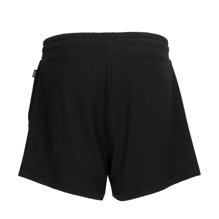 Women's black knit shorts with elastic waistband, back view, side logo patch