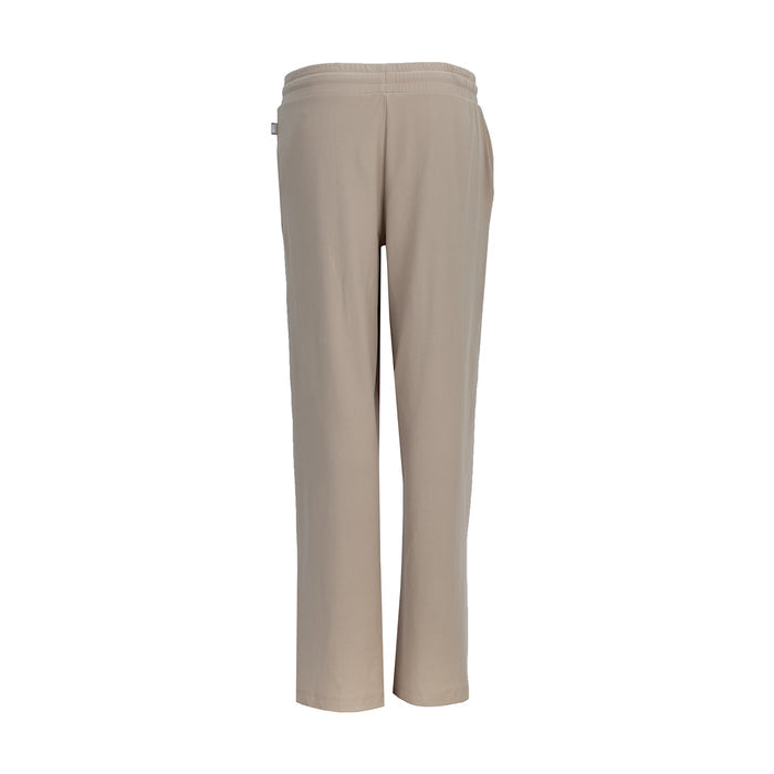 Women’s knit wide-leg pants in light beige, elastic waistband, straight wide legs