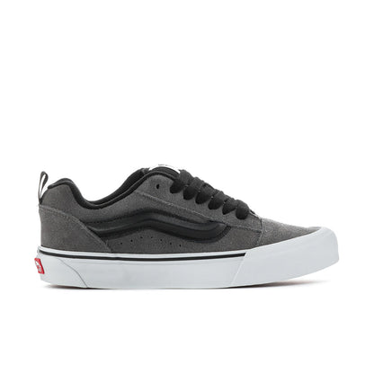Men's suede sneaker in pewter gray with black laces and white platform sole
