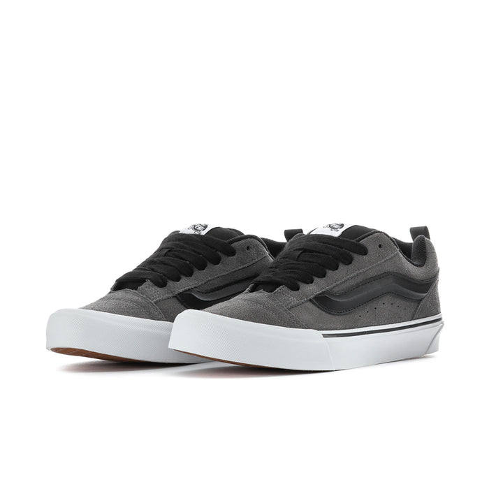 Men's suede sneakers, pair view, pewter gray upper with black laces and white sole