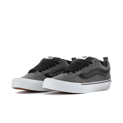 Men's suede sneakers, pair view, pewter gray upper with black laces and white sole