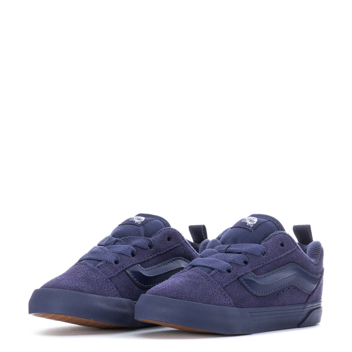 Pair of toddler dark navy suede sneakers with lace-up tops and side logo